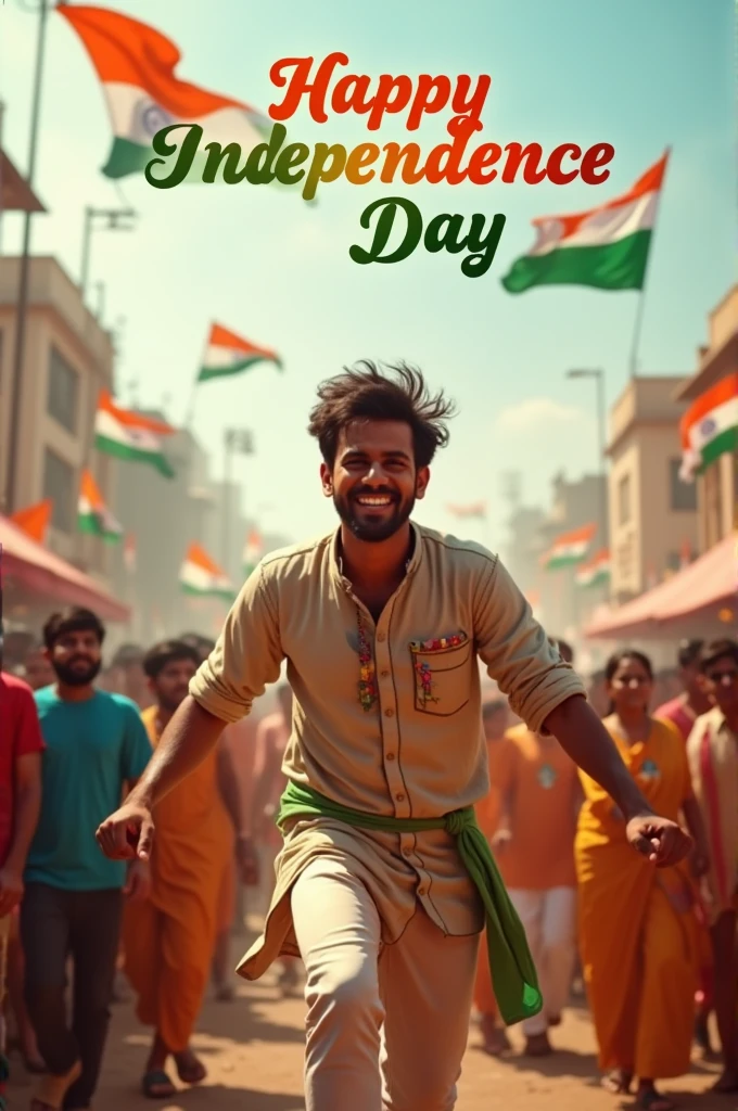 A real 20-year-old boy joyfully celebrates Indian Independence Day. He is wearing traditional Indian outfits with the name "Abhishek" written on his attire. Above him, in the sky, the words "Happy Independence Day" are displayed in a bold font. The backdrop is filled with people celebrating, enhancing the festive and patriotic spirit of the day