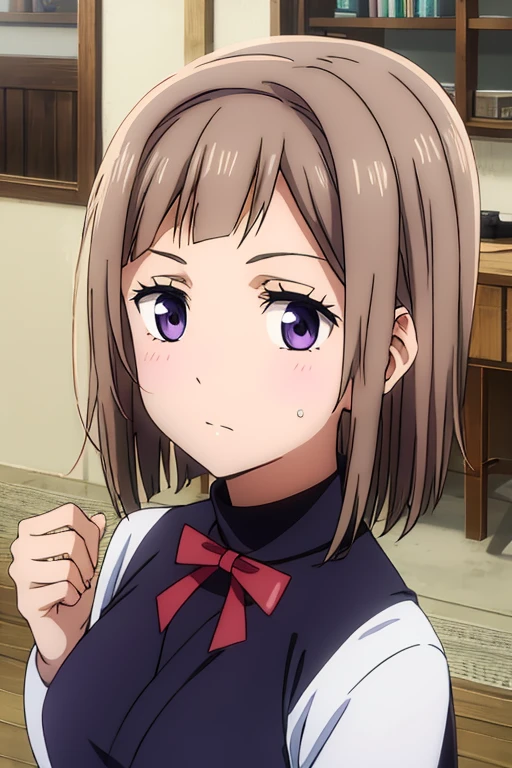 Brown chocolate hair, lilac eyes, normal clothes