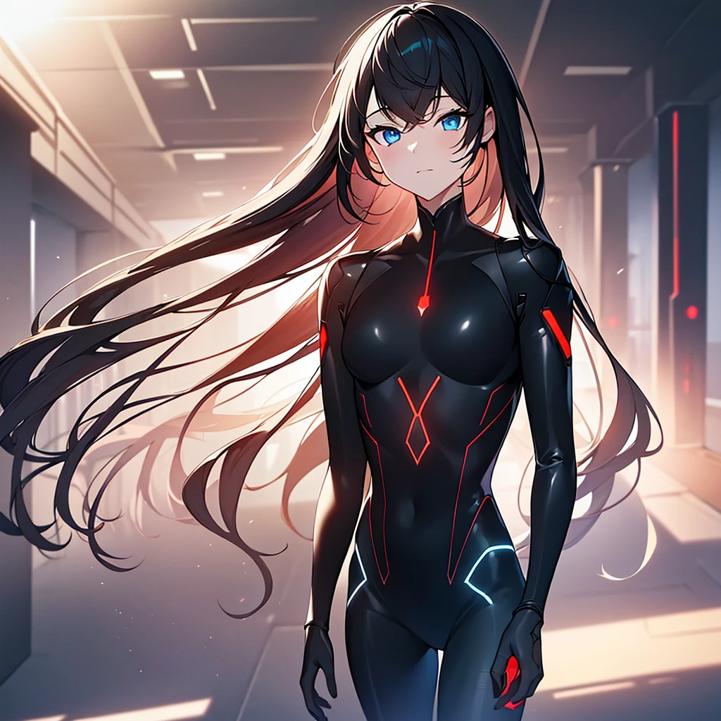 (Very detailed CG unity 8k wallpaper.,Masterpiece),(Best illumination, best shadow, Delicate and extremely beautiful),(1 boy),blue eyes, dark hair,Red and black sci-fi bodysuit,Neck seal,Hi-tech sci-fi hallway, dynamic gesture, Machine details, Sleek design.