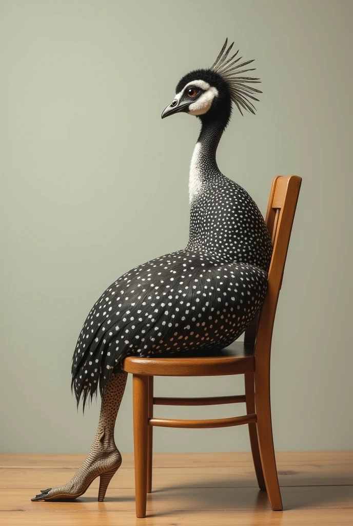 A guinea fowl sitting on a wooden chair as if it were a woman