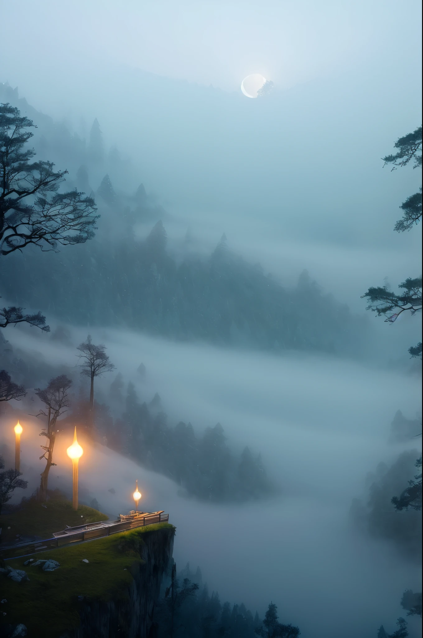(Mysterious Fog:1.5),Imagine a surreal, ethereal night scene. In the sky, a giant, luminous moon acts as a mirror, reflecting the heart of a solitary traveler. Below, lakes woven from delicate strands of mist shimmer under the moonlight. Icicles, representing sensory perceptions, hang and drip with frosty clarity. Winding paths of dreams, lost and mysterious, snake through the landscape. Frozen violins, suspended in the air, emit silent, ancient melodies. Fragile boats drift across the celestial waters, journeying towards forgotten stars that glimmer faintly in the distance. The entire scene is suffused with a sense of quiet, timeless longing.