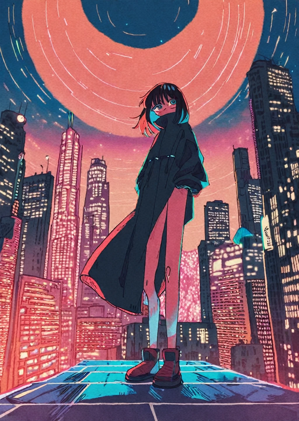 (by tsvbvra),
1girl
As the protagonist stands atop the towering skyscraper, a colossal hologram of a girl fills the night sky in the futuristic metropolis. The city's neon glow and illuminated tunnels contrast with the lifelike holographic image, captivating the character with the boundless possibilities of this mesmerizing, AI-enhanced world