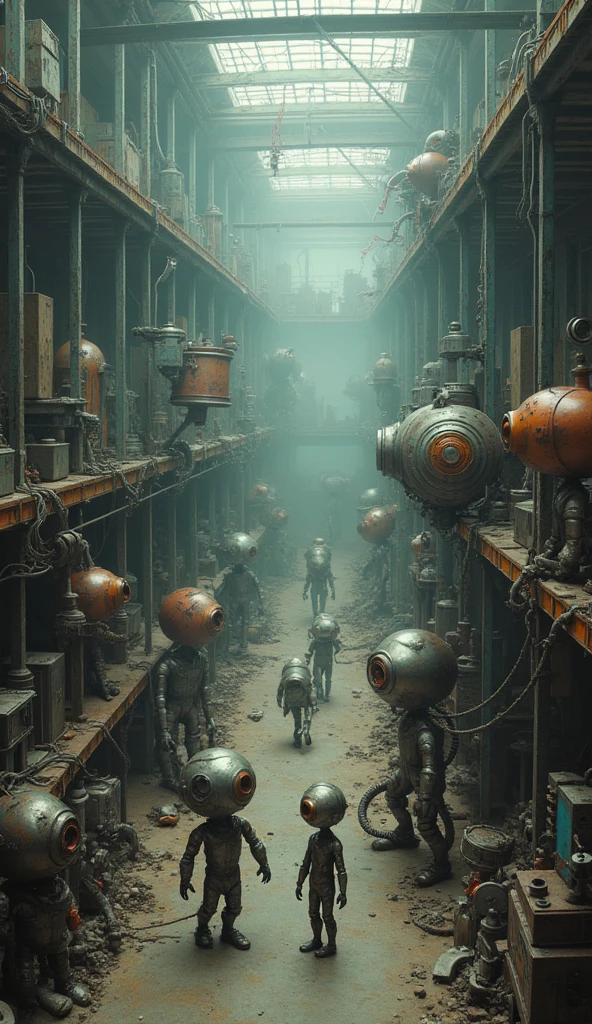 a group of creature with head made of gear fixing some metals and gears, warehouse, pastel colors, surreal atmosphere, dreamcore, raw photo, film grain, drone shot