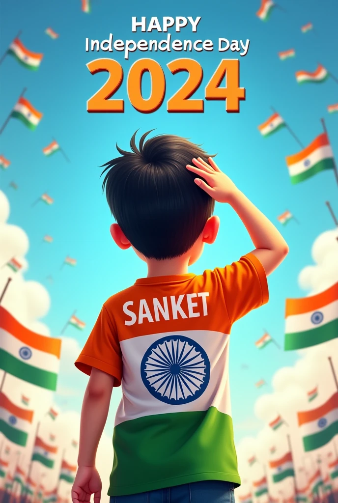 A young boy stands proudly under a clear blue sky, celebrating Independence Day on August 15th, 2024. He is wearing a vibrant tricolor T-shirt with his name "SANKET" printed on the back, along with a large image of the Ashoka Chakra. The sky above him features the words "Happy Independence Day 2024" in bold, festive letters. Indian flags are flying around him, and a sense of national pride fills the air as he salutes, symbolizing his love for the country