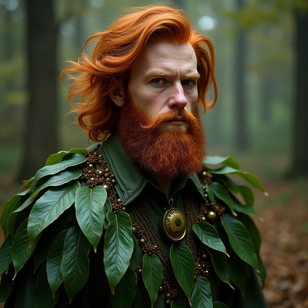 Red-haired man with no beard wearing clothes made of swamp leaves 