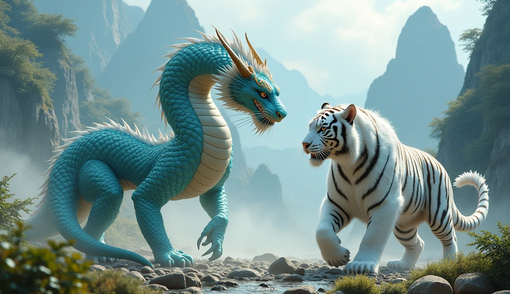 Ultra detailed, high resolution, 4k, masterpiece, The white tiger of the west Bai Hu in a close melee combat with the azure dragon of the east Seiryu, the dragon is a Chinese snake dragon and has hort legs and a ((long serpentine body)), Chinese mountains background,