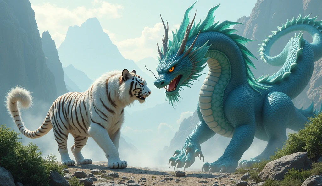 Ultra detailed, high resolution, 4k, masterpiece, The white tiger of the west Bai Hu in a close melee combat with the azure dragon of the east Seiryu, the dragon is a Chinese snake dragon and has 4 short legs and a ((long serpentine body)), Chinese mountains background, 