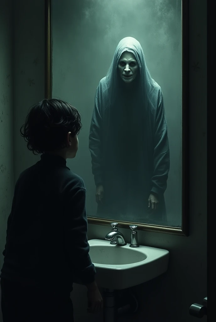 6. Old Woman's Shadow in the Mirror
   - Scene 6: When Andi looked in the mirror, the image of an old woman with a pale face and empty eyes appeared behind him. Andi was shocked and screamed, calling his friends.
