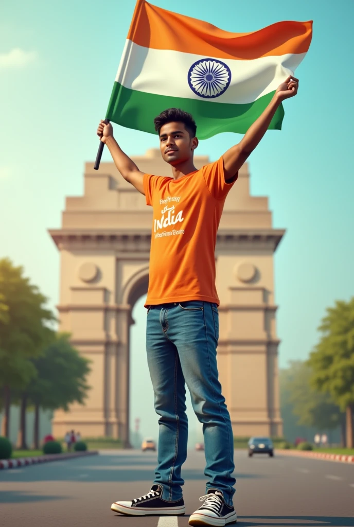 A real 20 years old boy, Wearing Orange T shirt blue jeans sneakers and the name "Arun" is written on his t-shirt and the boy is standing on the road with holding a national flag of India, and behind him is the India gate Delhi. And "Happy Independence Day 2024" written at above sky Create Realistic image high quality.