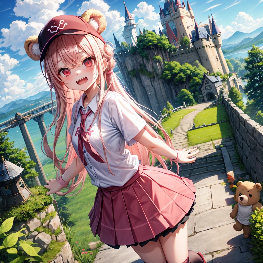 Pink Blonde、Red eyes、Hair tied up、Two cute、Checked mini skirt、black t-shirts、cardigan、Knee-high socks、bear ears baseball cap、Teeth are visible、Monster Castle、Tilting face、crossing the bridge、hazakura、windmill、grass、Stones are growing out of the ground.、impregnable