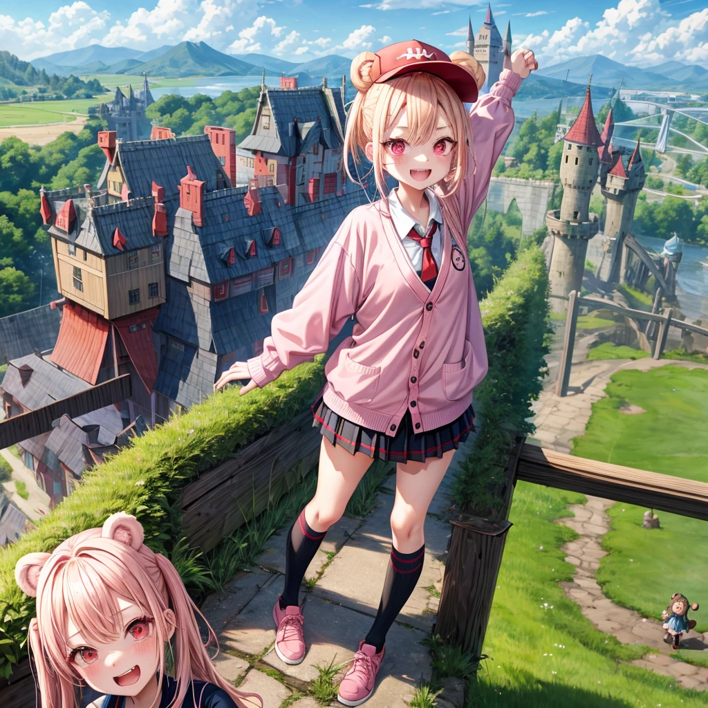 Pink Blonde、Red eyes、Hair tied up、Two cute、Checked mini skirt、black t-shirts、cardigan、Knee-high socks、bear ears baseball cap、Teeth are visible、Monster Castle、Tilting face、crossing the bridge、hazakura、windmill、grass、Stones are growing out of the ground.、impregnable