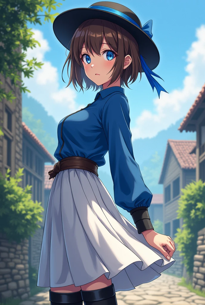 Female, Anime, Medieval, Short brown-haired, Faired skin, Blue eyes, Black hat with a singular blue stripe, Blue long-sleeved shirt, White skirt, Black boots