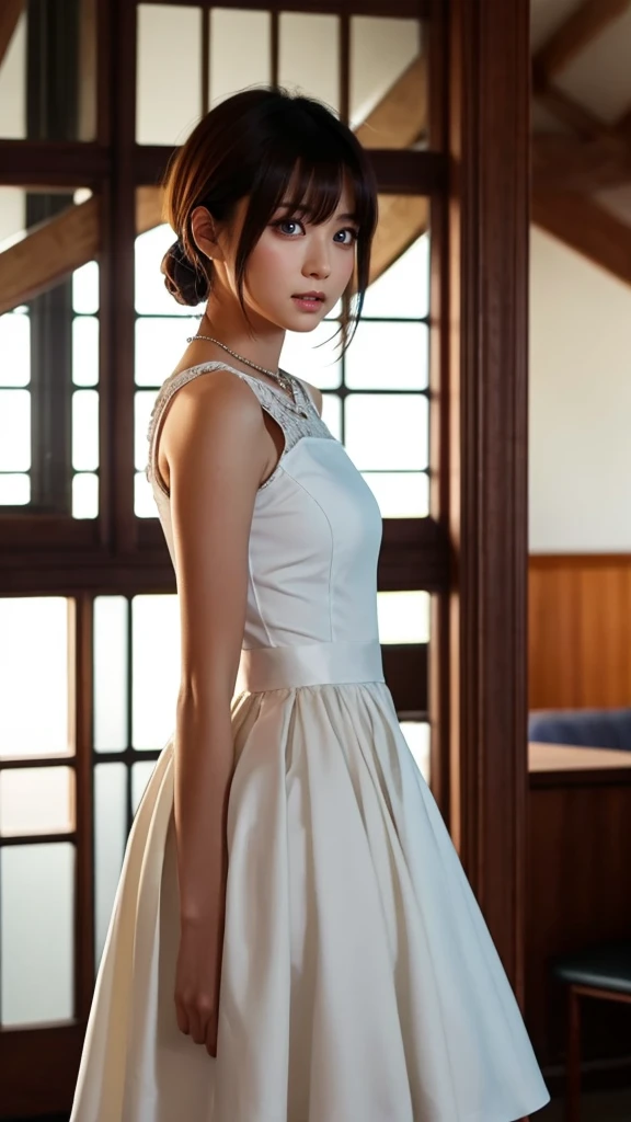 A woman is standing in a room wearing a white dress., Female protagonist, Also, Female protagonist 👀 :8, Style Game Square Enix, sayori, ayami kojima amano, Inspired by Ryusuke Fukahori, For whom?, makoto shinka, kasumi arimura style 3/4, Female Characters, jin kagetsu