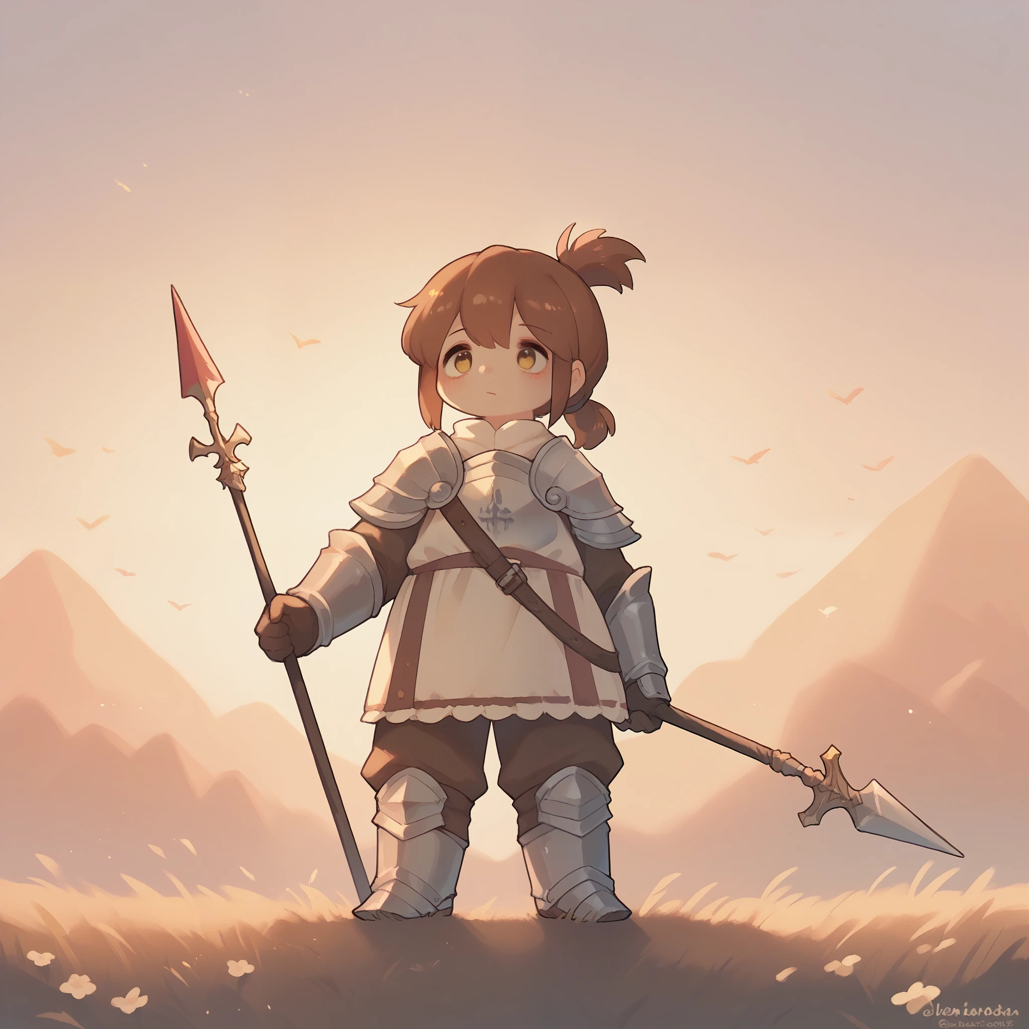 1 Boy,chubby,Short reddish-brown hair,Elongated ponytail,Golden Eyes,Medieval knight's helmet,Armour,lol,hapiness,Sunset,Spear