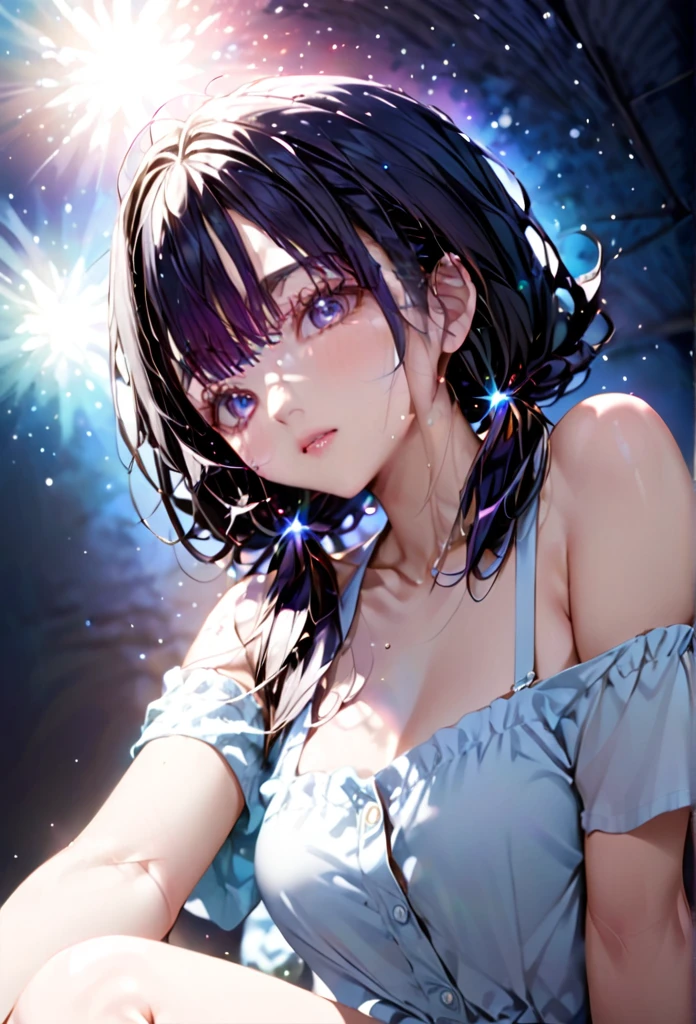 Highest quality　masterpiece　High resolution　masterpieceグレーアイズ　Low Twintails、casual summer outfit　、flowerpunk、universe、Sparkling light particles、Vivid gradient effect