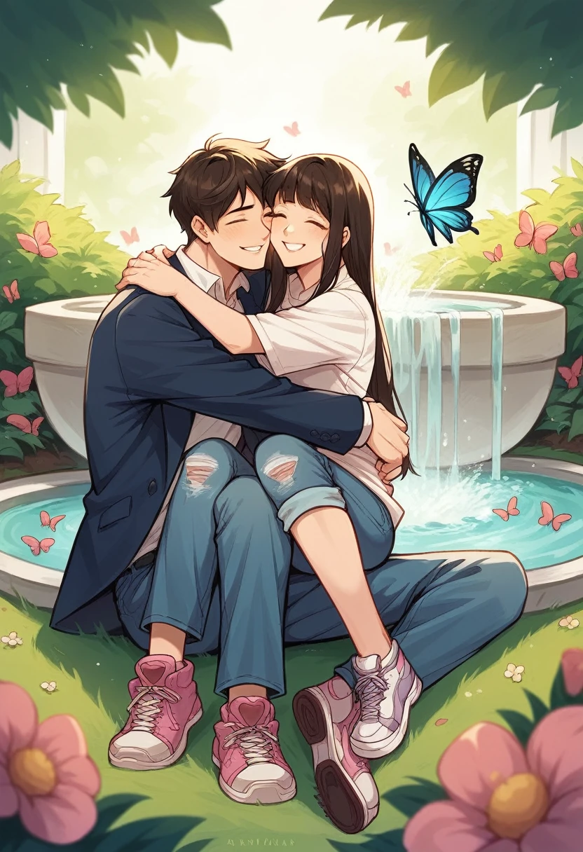 Full Body) An Asian male couple with a medium mavy mullet haircut wearing a suit and an Asian female with long hair, dressed in short jeans, pashmina, sneakers) they are sitting, hugging, smiling, their faces are focused on the front of the camera. in the garden with fountains and flowers, butterflies flutter in the wind, capturing romance with soft and romantic light reflections that look natural. 35k full HD resolution., photo