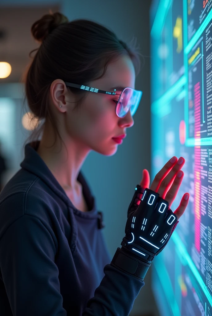 Colorblind people using a technological glove that shows the colors of the objects they touch