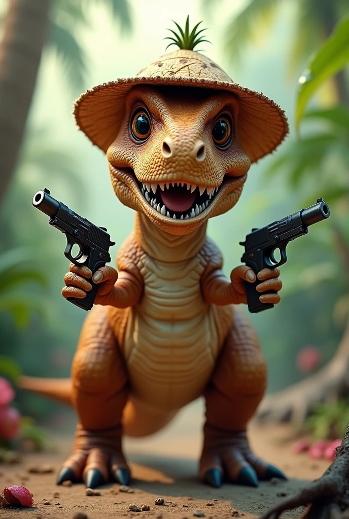 Cute and realistic Tyrannosaurus Rex wearing a tiny coconut hat and holding two pistols..