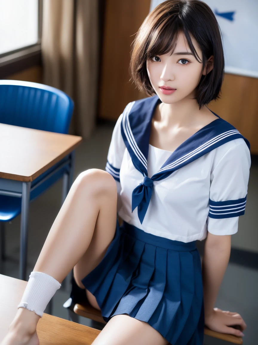 (masterpiece:1.2), Very detailed, Ultra-high resolution, (Realistic, photo Realistic:1.6), High-resolution RAW color photos, Professional photos, Sharp focus:1.2, (Very detailed顔と肌の質感, Very beautiful eyes, Glossのある肌, Glowing Skin, Glowing Skin, Shining Face, Gloss, Oily skin, greasy face, Oily skin, greasy face,),, (real Glossのある肌 texture), Perfect Anatomy, Very detailed背景,(High school classroom at night),25-year-old woman, Japanese women,Height: 168cm,(short hair, Straight hair, bangs, Brown Hair),((Flat Chest:1.6)),(Slender legs), ((((White short-sleeved sailor suit、Navy blue pleated skirt:1.5、Sexy bra in sailor suit:1.5)))、(sit at a desk with your knees up:1.4),(((Wet and transparent sailor uniform:1.4)))