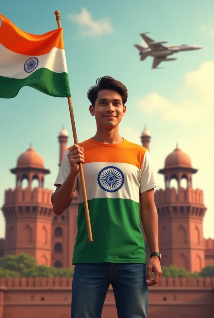 A 20 years old boy wearing a Indian t shirt with name Deepak on his t shirt holding Indian flag . He is standing in front of Red Fort and fighter jet flying on the sky