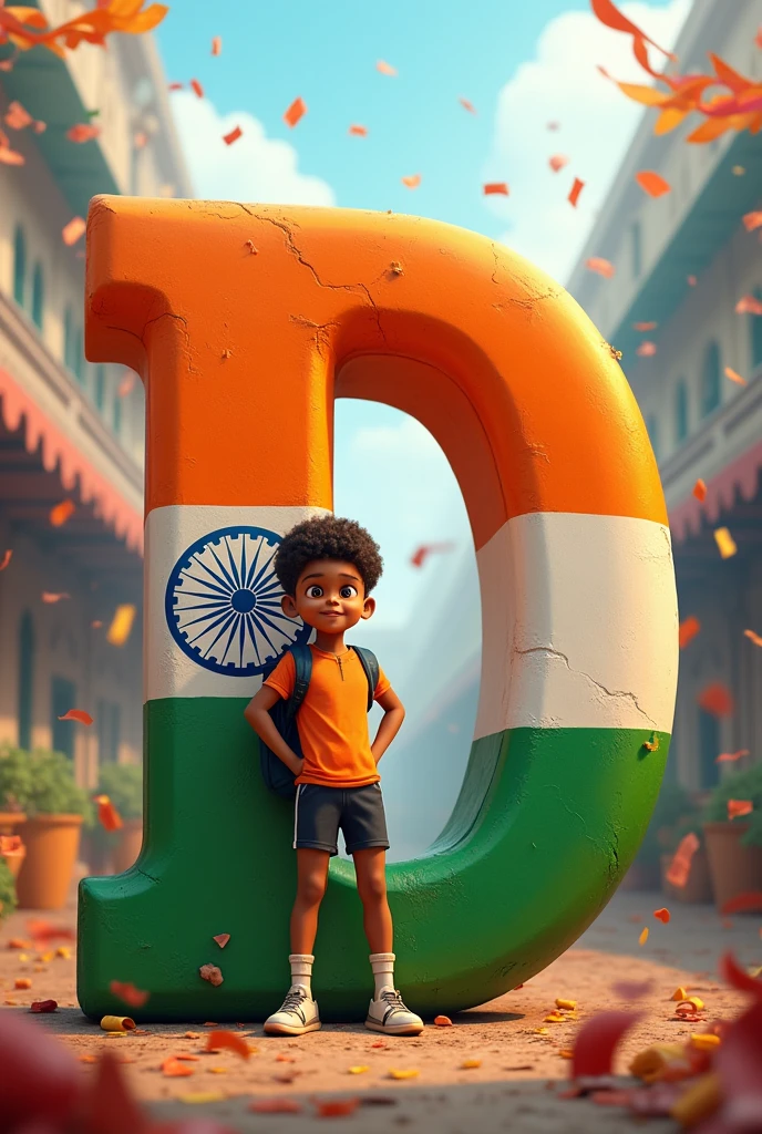 Create a high-quality image of a boy standing confidently next to a large 3D letter “D” with Indian flag colors. The boy should be in a sporty outfit, and the background should have celebratory elements.