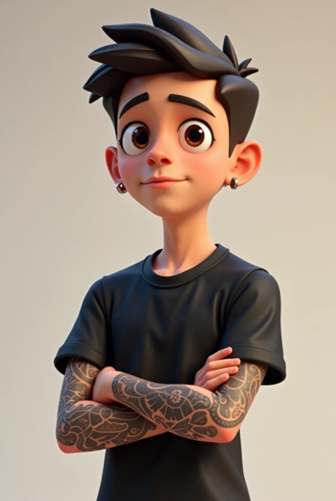 A young man, , with short brown hair, small hoop earrings, square face, and brown eyes, wearing black tee, an arm with several tattoos, crossed arms, 3d cartoon, looking straight ahead.