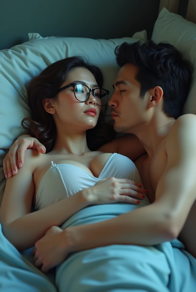 mischievous (iu:0.8), face, raw, best quality, high resolution, masterpiece: 1.3, beautiful glasses with pearl skin, a sexy Malaysian woman with a completely naked body, her whole body can be seen, and her bare breasts and naked lower body, and she has her hand on her body and is lying in a sexy position, and her ass can be seen, and a handsome naked boy from behind with He is having sex and has hugged her