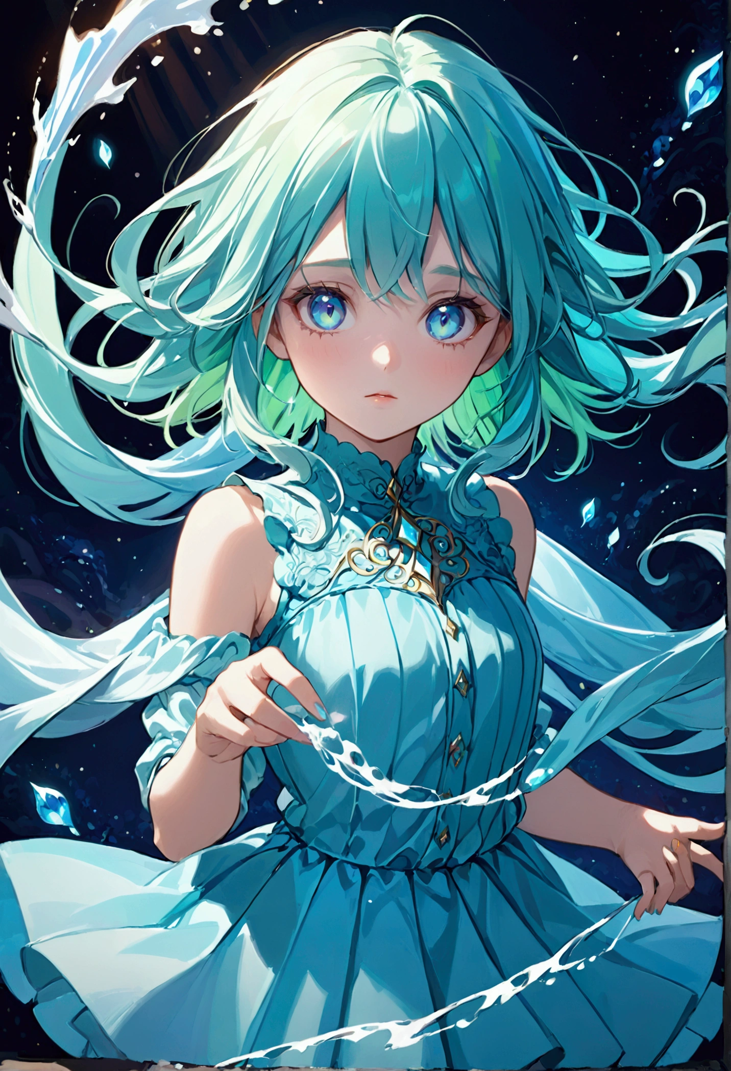 Pastel light blue-green haired girl,deep blue eyes