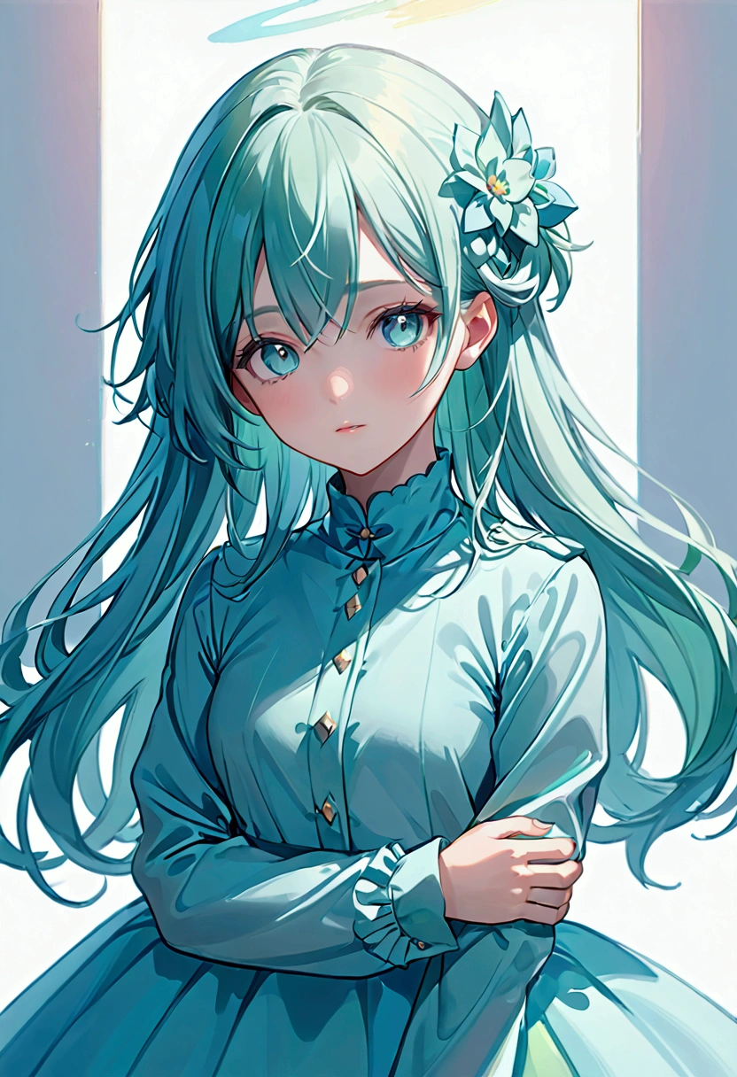 Pastel light blue-green haired girl,deep blue eyes