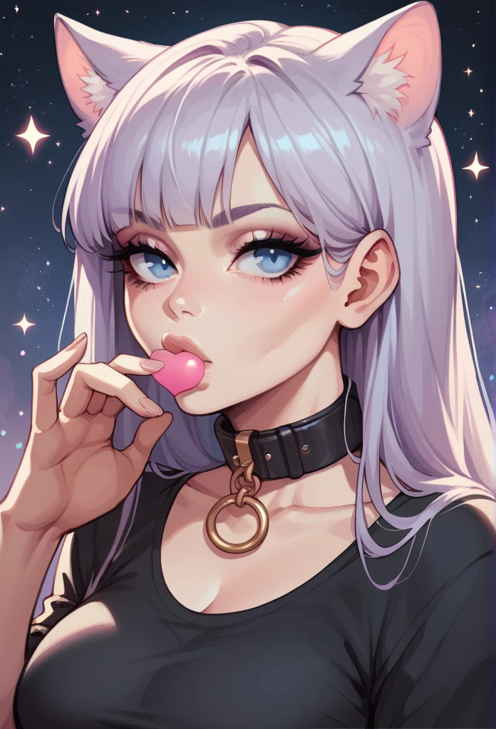 1girl, cat ears, long hair, bangs, light purple hair, gorgeous blue eyes, eyeliner, long lashes, collar, black top, breasts, starry background, blowing kiss