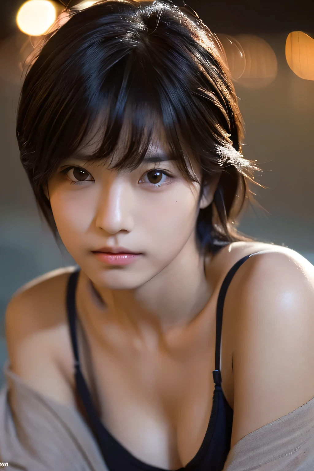 Hair blowing in the wind、Wet Skin、Wet Hair、Wet clothes、Sea at dusk,A woman with a cute face like a Japanese idol,(),((Cinema Lighting),(Natural light),(High level of artistry),(artistic),(Indistinguishable quality from the real thing),{{RAW Photos}},{{Genuine}},High resolution,masterpiece, beautiful, Handsome Tomboy, Looks like a salon model, ((Cool face)), Neutral facial features, Cowboy Shot, Low Leg Panties,.4