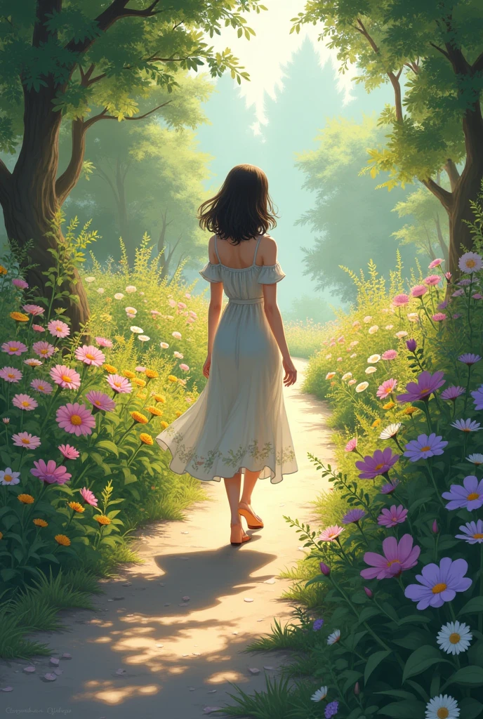 A woman walking alone through a flower garden、A woman with medium hair wearing a one-piece dress、A sincere person、