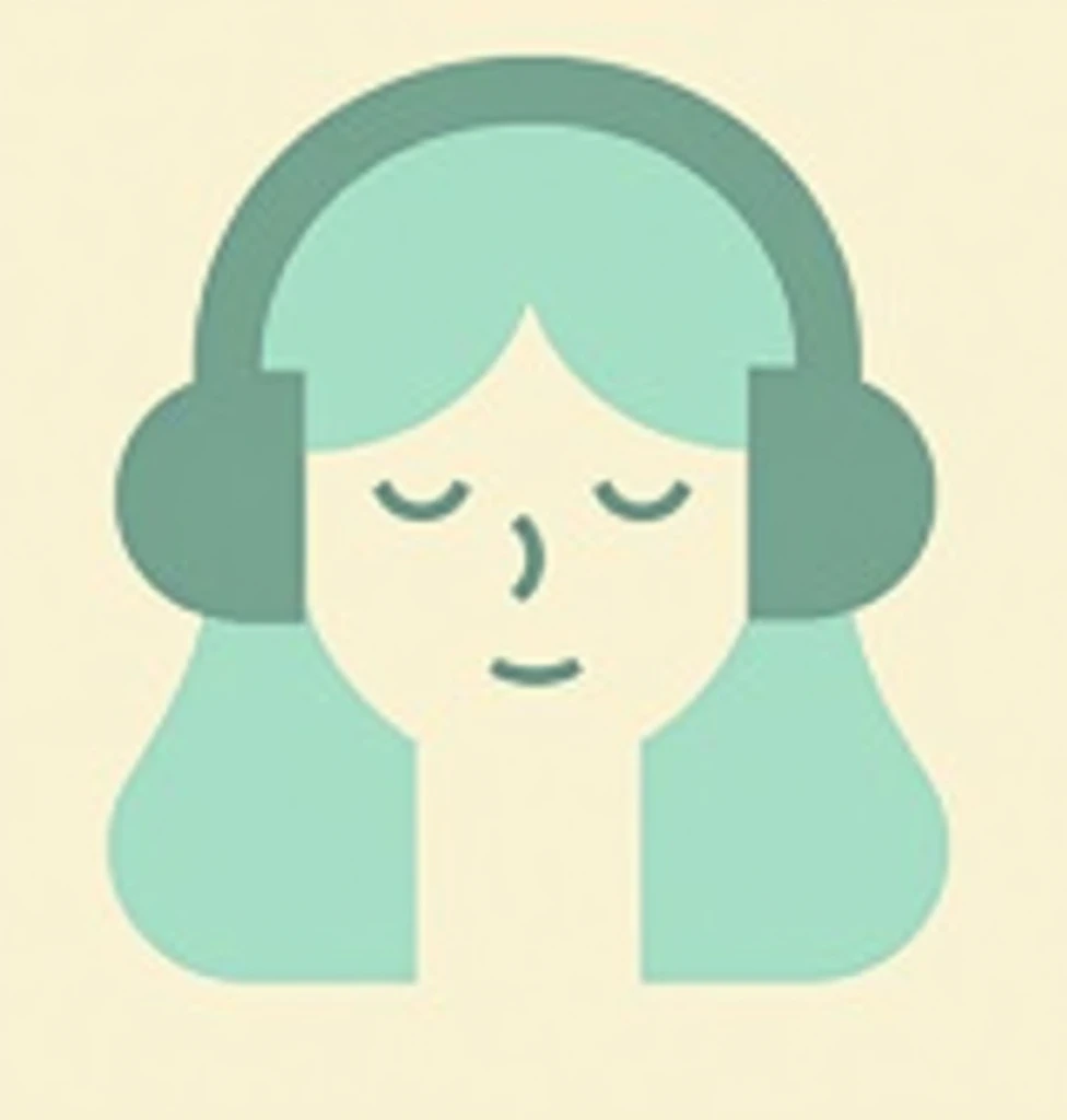 Hair:
The girl should have hair colored in a soft aqua green (#7FDBFF). Use simple geometric shapes to represent the hair, like a rounded shape or a series of smooth curves.
Headphones:
Include large, simple over-ear headphones. The headphones should be a contrasting color to the hair, such as a neutral shade like gray (#BDC3C7) or a matching pastel tone. Use geometric shapes like circles and rectangles for the headphones.
Facial Expression:
The girl should have a neutral, relaxed expression. Draw basic facial features such as two small dots for eyes and a simple curved line for the mouth.
Design Style:
Use clean lines and geometric shapes (circles, ovals, and rectangles) to construct the face and headphones.
Avoid any shadows, gradients, or intricate details. The illustration should maintain a flat and minimalist style.
The background should be a solid, soft color that complements the hair and headphones, like a light pastel or neutral shade.
Additional Details:
Ensure the lines and shapes are smooth and consistent to keep the flat design aesthetic.
The illustration should be simple and focused, emphasizing the girl's face and headphones without additional elements.