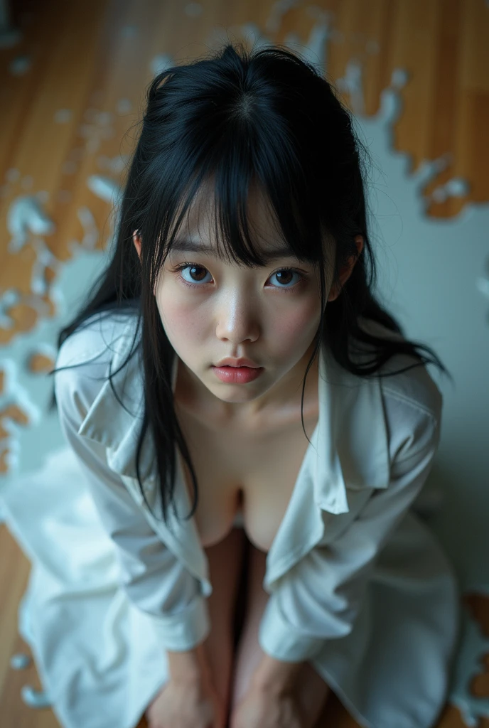 ((From a straight above, birds-eye perspective)), 1girl, Portrait of an cute beautiful perfect face Japanese teengirl knon the wooden floor, very beautiful Russian, her eyes gazing up toward the camera, cleavagepopping through a labcoat, dark blue eyes, solo focus, close up, presenting face, looking at viewer, tempting lips, big tits. Covered in white slime