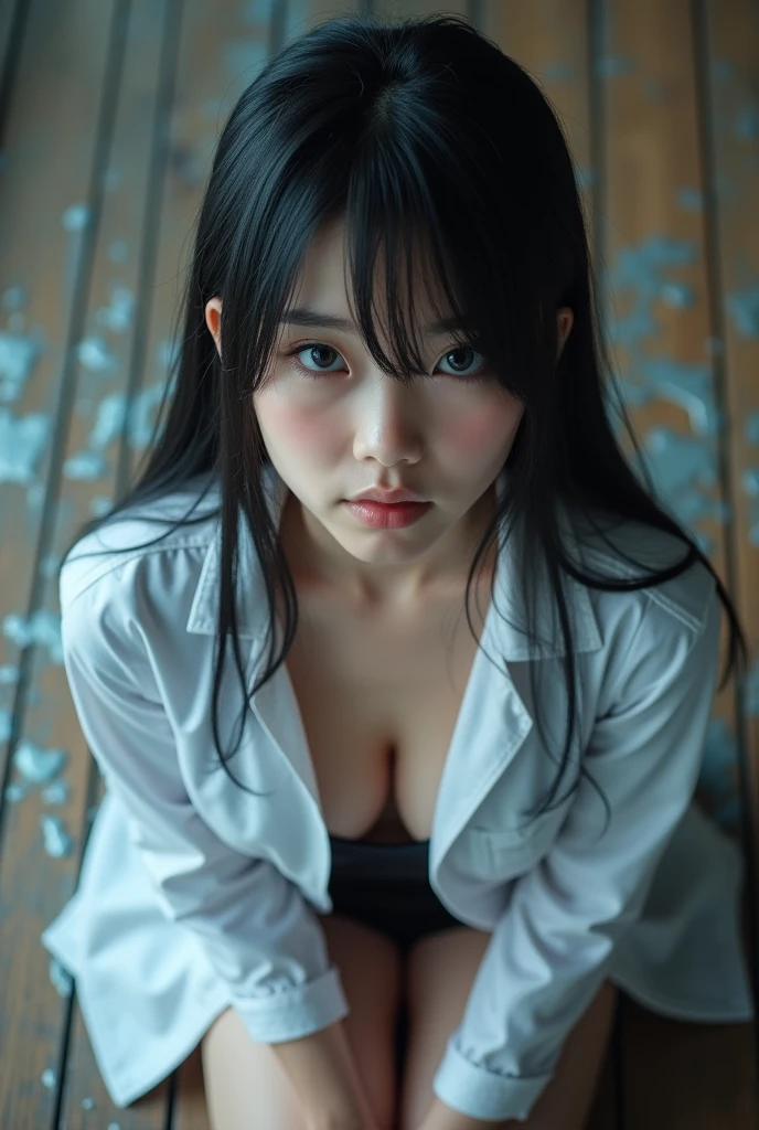 ((From a straight above, birds-eye perspective)), 1girl, Portrait of an  cute beautiful perfect face Japanese  teengirl knon the wooden floor, very beautiful Russian, her eyes gazing up toward the camera, cleavagepopping through a labcoat, dark blue eyes, solo focus, close up, presenting face, looking at viewer, tempting lips, big tits. Covered in white slime 