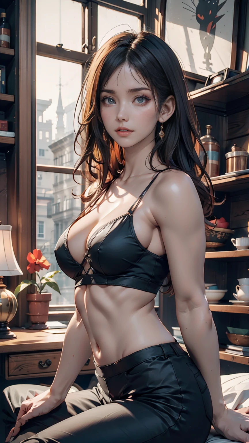 American Contemporary Antique Room, Black Cat Wall Clock, Tinplate trailer, Pixar, Ultra-high resolution, Accurate, Attention to detail, Awards, Highest quality、24-year-old woman、Attractive Young Woman, (Beautiful Face:1.1), Detailed eyes, Seductive lips, (eye make up:1.2), (Medium chest:1.0), Sexy proportions、Narrow waist、One-Shoulder Tops、Navel visible、Lower milk visible、Low rise leggings、Setback Heel