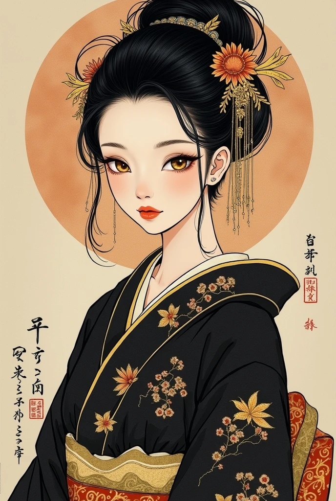 Gorgeous red、Wearing a black kimono、With gold embroidery。A beautiful Chinese goddess with alluring eyes.。Japanese painting style。Hide your chest。
beautiful woman painting style like Yasunari Ikenaga。
It's mad without a shadow.。