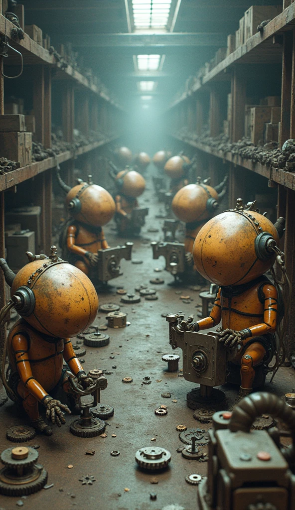 a group of creature with gear head fixing some metals and gears, warehouse, pastel colors, surreal atmosphere, dreamcore, raw photo, film grain, drone shot