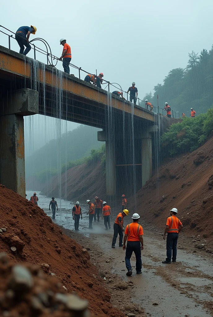 Look for an image of workers reinforcing critical structures, such as buildings or bridges, to avoid landslides due to soil saturation by rain.