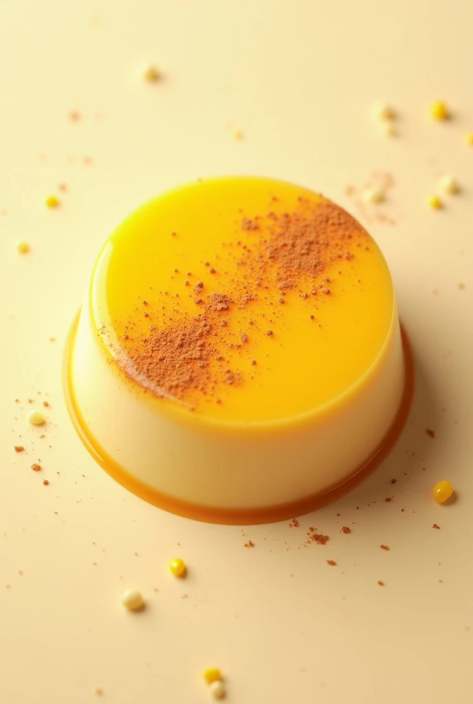 A corn custard with cinnamon powder on top, the custard in a circular shape made on a transparent background with animated effect