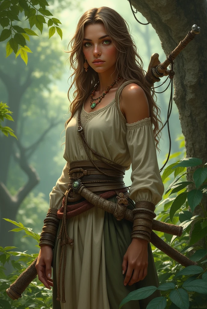 Female Druid Character, Brown skin and light brown hair with light streaks, a green eye. Has a strong connection with nature. wears a peasant dress , Has a belt where she carries her weapons made of recycled materials she finds, Carries a bag made of tree bark.