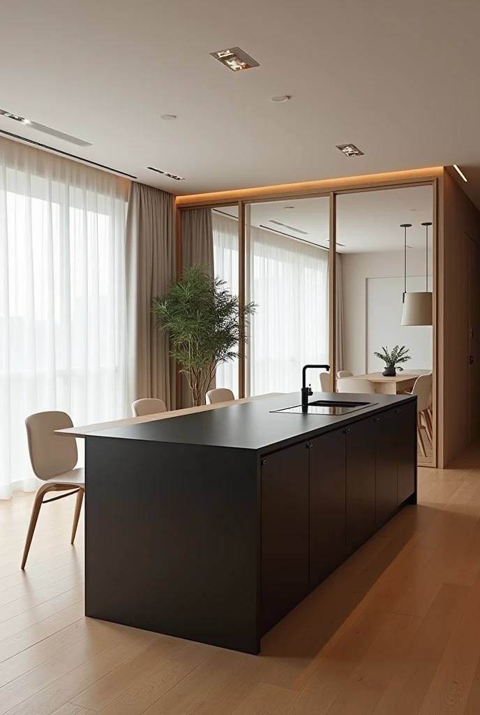 Could you provide me with images of a modern kitchen from different angles?, with wooden floor, with only the black table top, only two tables in parallel, light-colored melamine furniture with a transparent door between the side area of one side of the tables.
 