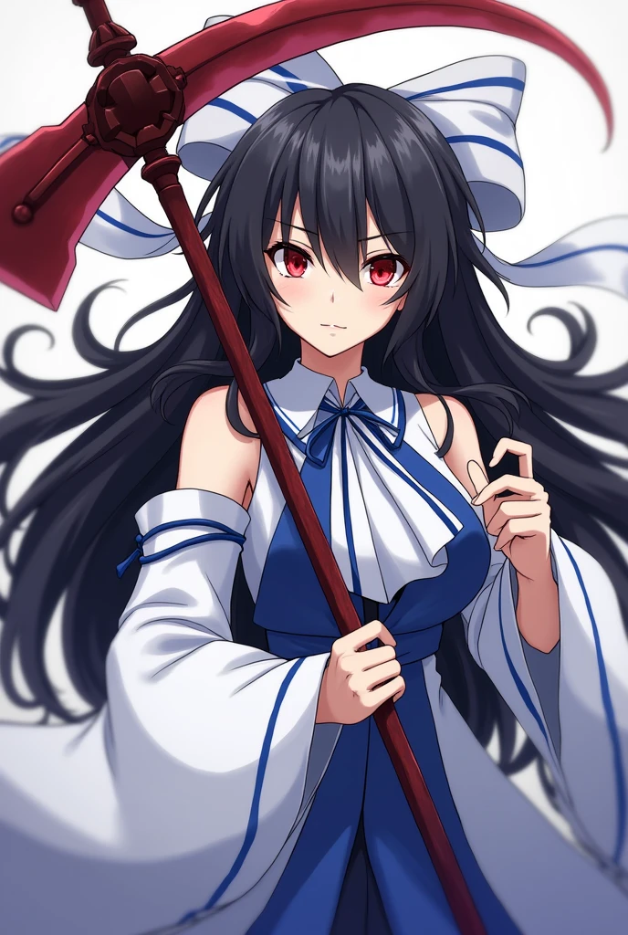 anime boy, long hair, Dark red eyes, black hair, wears large white blue ribbon in hair, holding a scythe, Wears a white blue and white dress remotely similar to a shrine maiden's outfit with detached sleeves leaving her shoulders uncovered, and a White blue neckerchief
