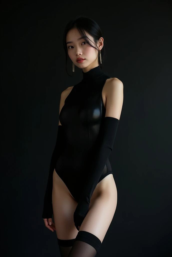 (RAW Photo: 1.2), (Photorealistic: 1.4), (Masterpiece: 1.3), (Best Quality: 1.4), Ultra High Resolution, Landscape, Solo Focus, (Full Body), (Detailed Eyes), (Detailed Facial Features), (Detailed Clothing Features), Tight Skin, (Shiny Skin), (One Girl, Solo), Happy, Smile, Bob Hair, Black Choke, Strapless silk tights bodysuit, (erection, emerge, streak),