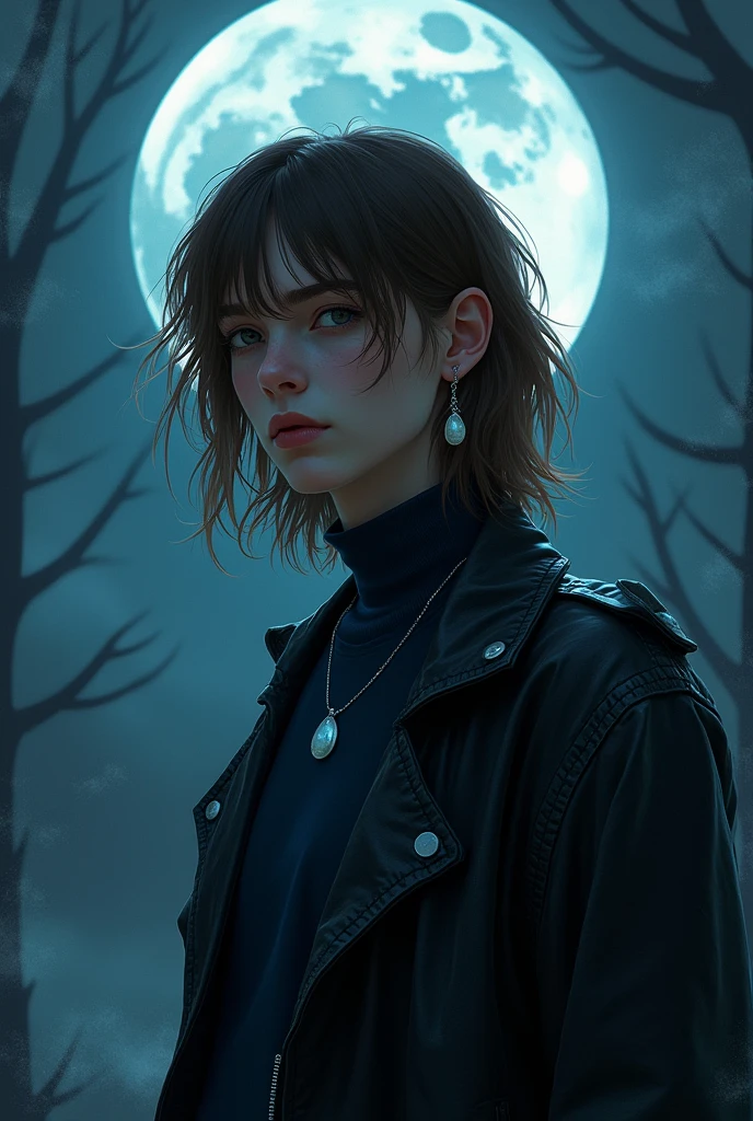 Young Brazilian human with an alternative grunge style, wearing normal clothes, fascinated by Greek mythology and supernatural creatures., deep connection with the dark forces of the night, A horror RPG, mystery and investigation set in modern times, the basic image, occultist, medium-long fringe hair, light brown hair color, very fair skin, moonstone necklace, at night with the moon, wearing a navy blue long sleeve turtleneck shirt, leather jacket, outgoing, ART cartokesca, mysterious, 耳环, Paranormal order Cellbit 