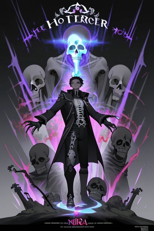 (Best quality, movie poster style), n
"Series name: Necromancer Aura", World, where every person has auras. Our hero will be gray, gray aura. He has black hair. Наш герой в подземелье, he has skeletons. Our hero is a man: 1.2), The perfect combination of elements.