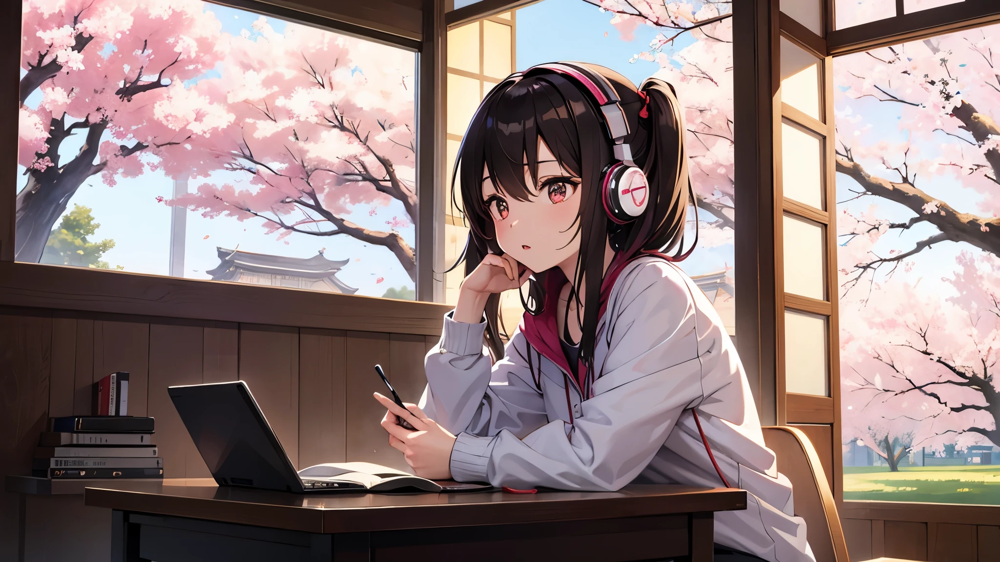In Japanese anime style、studying while listening to music through her headphones、Lighting is warm、Outside the large window, cherry blossoms are blooming wildly.、Their hair color is black or brown.