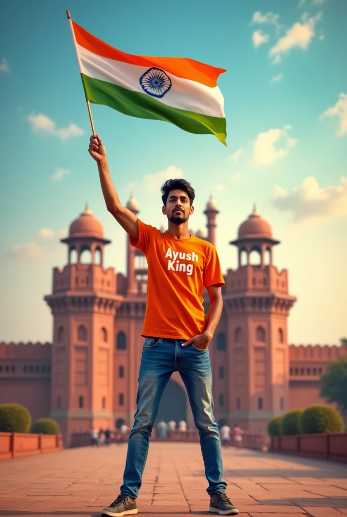 A real 20 years old boy, Wearing Orange T shirt blue jeans sneakers and the name “Ayush King” is written on his t-shirt and the boy is standing on the road with holding a national flag of India, and behind him is the Red Fort Delhi. And written on sky “Independence Day” Create Realistic image high quality
