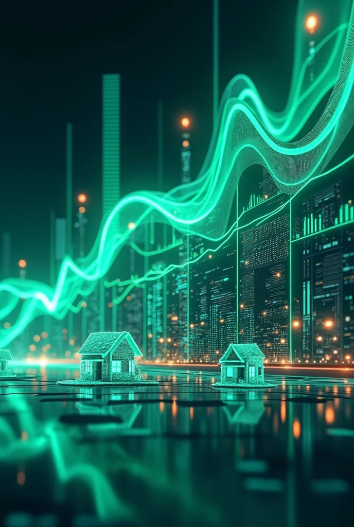 Generate a dynamic image of sleek, modern graphs and charts in motion, representing the rapid growth of the real estate market. The visuals should include rising lines, expanding bars, and flowing data points that convey upward trends and expansion. Use vibrant colors like green and blue to symbolize growth and stability, with a digital, futuristic feel. The background can include subtle elements like city skylines or modern buildings, reinforcing the real estate theme."