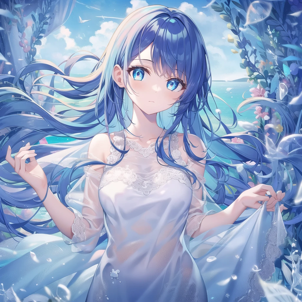 ((masterpiece, best quality))++, Detailed lighting+,  Detailed hair+, Detail hand+ ,1 girl, Miss, Long hair,   Crimson eyes,  beautiful eyes, Young blue-haired,,(beautiful blue hair:1.5),(Beautiful and delicate eyes),  high resolution+,glass tint, Reflective eyes,   {{angle}} , Very detailed wallpaper, The original, Air bangs，Extremely beautiful CG，Firefly，Nature，ocean